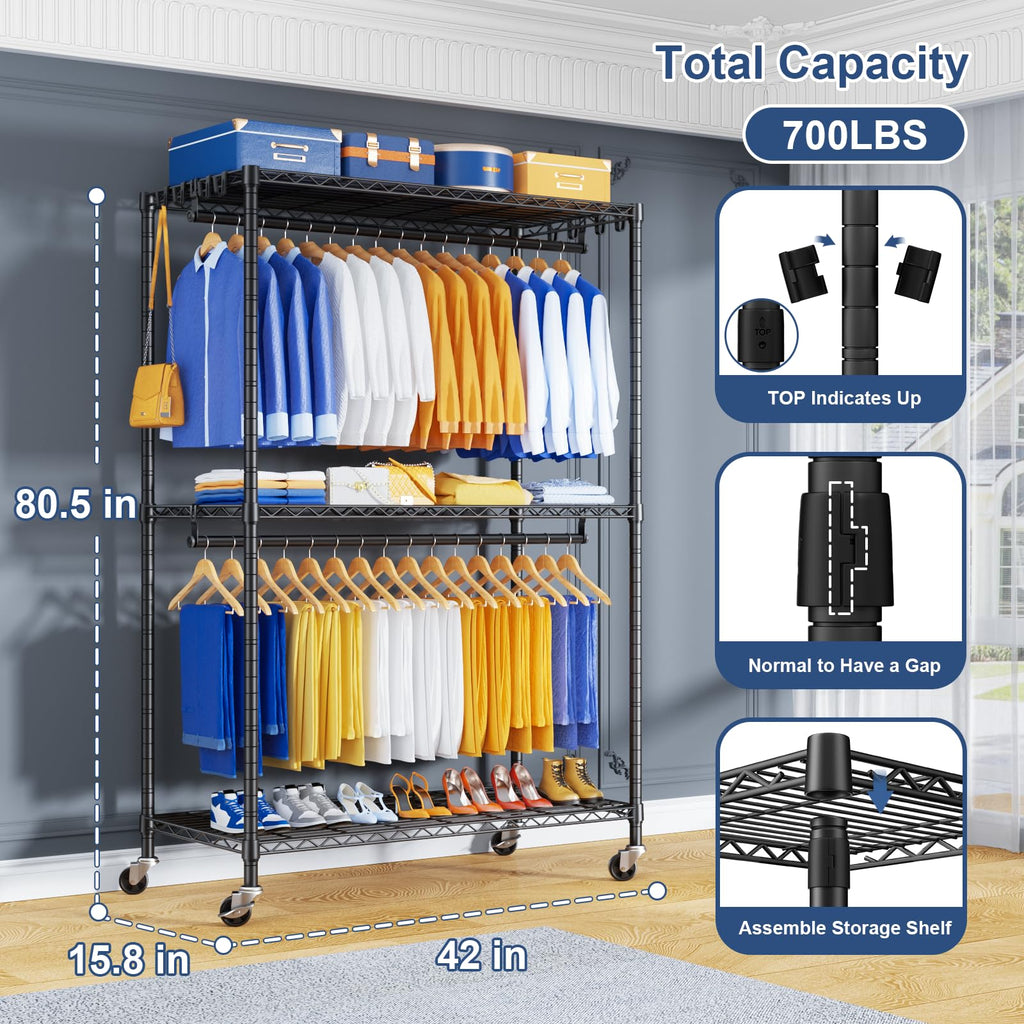 P8 Pro Heavy Duty Clothes Rack(With Extended Width Design) Rolling Clothing Racks for Hanging Clothes, Portable