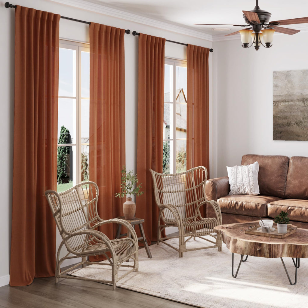 Terracotta Linen Curtains 92 inches Long 2 Panel Set Back Tab Rod Pocket Rustic Farmhouse Boho Curtains Semi Sheer