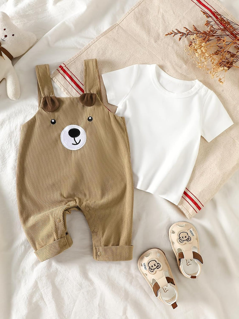 Baby Bear Overalls Set Brown Corduroy Suspender Pants White Short Sleeve Top Cute Animal Design Infant Outfit