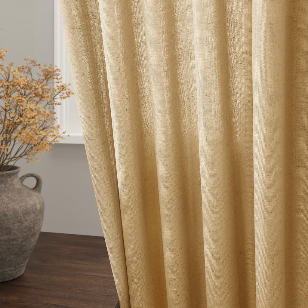 Gold Yellow Linen Curtains 108 Inches Long 2 Panels Set Extra Long Back Tab Curtain Semi Sheer Light Filtering Gold