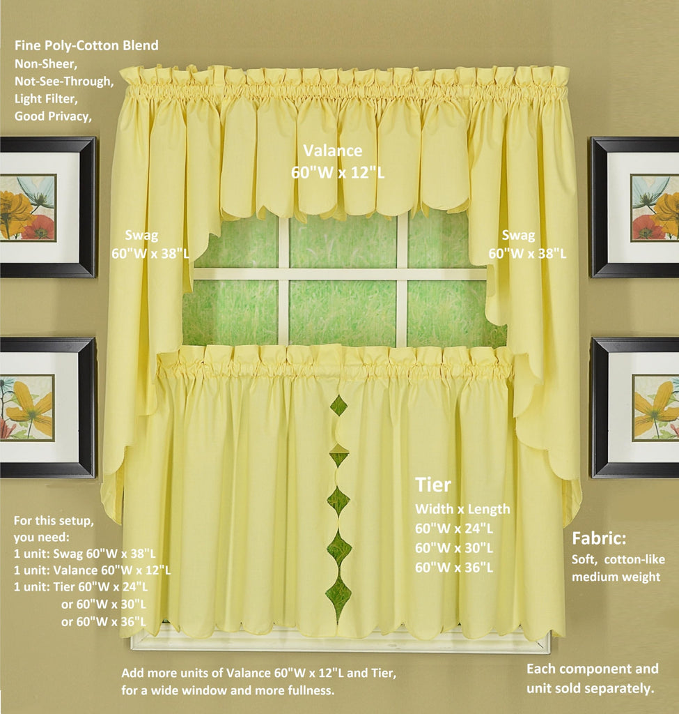 Orleans Scallop Curtain, Buttercup 30" Tier Pair and Tieback, 60" W x 30" L, Buttercup