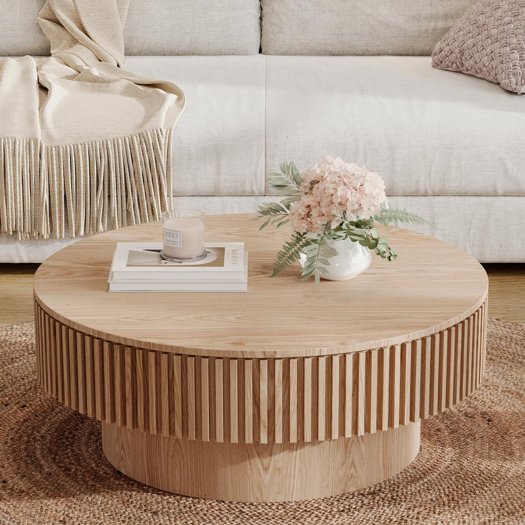 31.5''Round Coffee Table with Storage, Modern Luxury Circle Drum Center Tables with Solid Wood Veneered, Accent Side