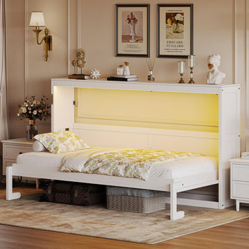 Twin Horizontal Murphy Bed Cabinet with LED, White