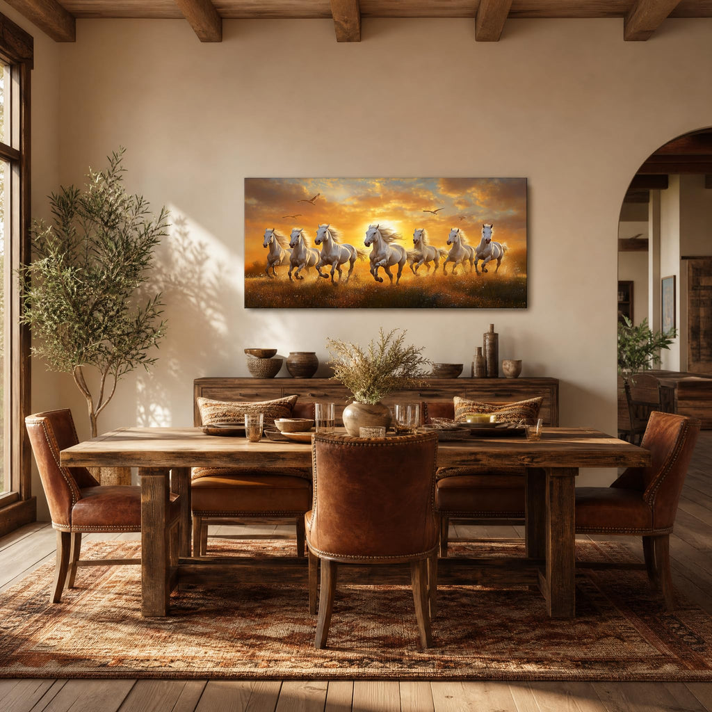 Sunrise Running Horses Canvas Wall Art Majestic White Stallions Galloping in Meadow Sunset Landscape Painting Print