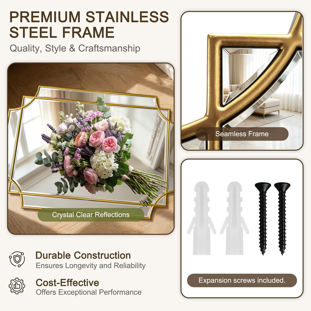 20x30 inch Beveled Gold Mirror for Wall, Gold Traditional Art Decorative Mirror Home Decor Living Room Bedroom