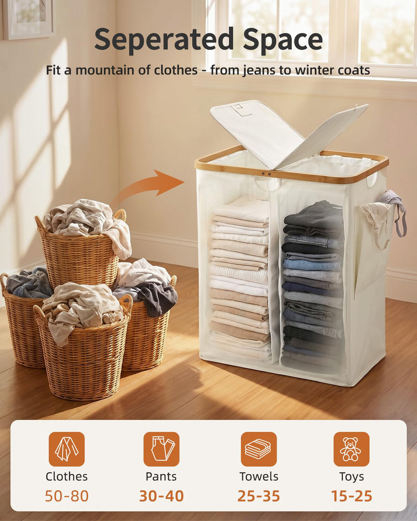 140L Laundry Hamper with Lid, 2 Section Dirty Laundry Bin