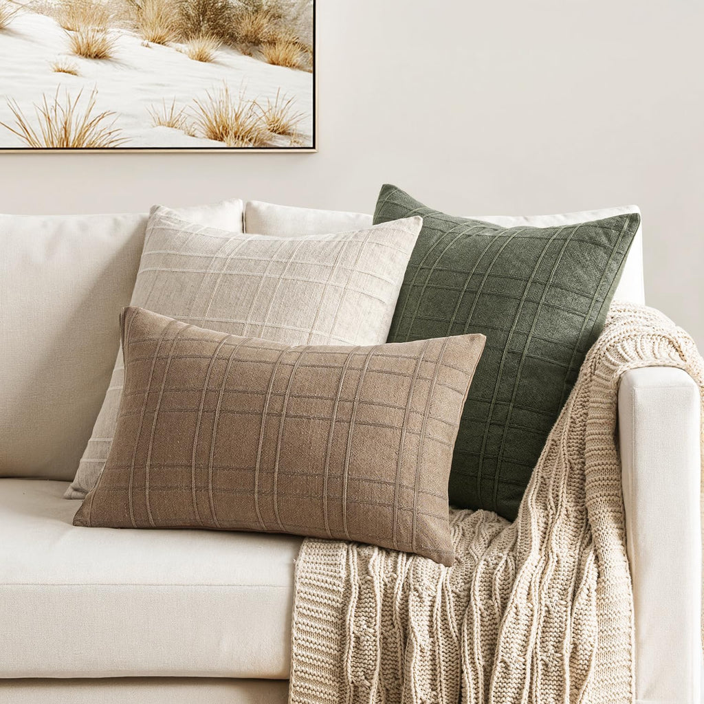 Linen Plaid Pillow Covers Fall Decorative 20x20 Light Brown