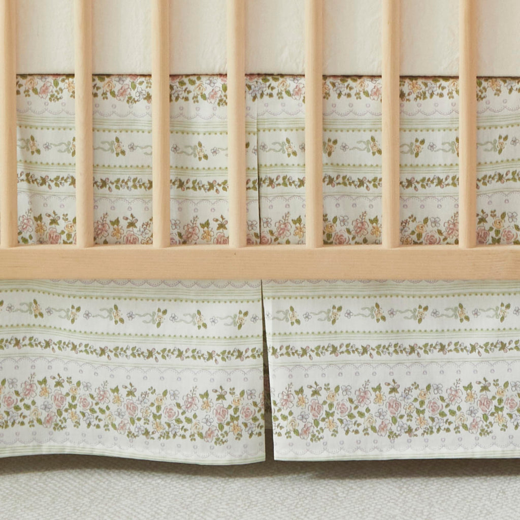 Floral Stripe Cotton Crib Bed Skirt Pleated Dust Ruffle for Baby Girls Boys Toddler Bedskirt Nursery Standard Crib