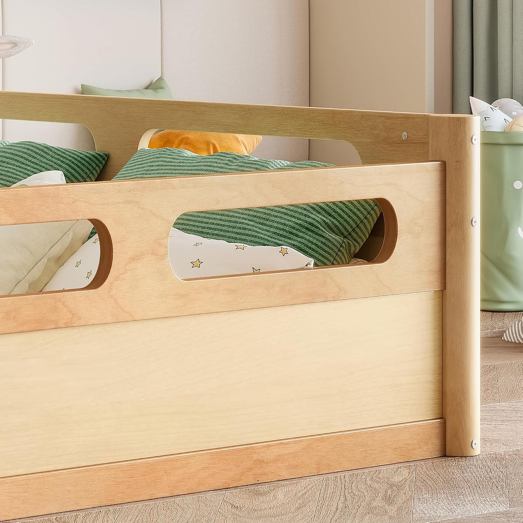 Pine Wood Floor Bed Frame with 16.5"Full-Length Guardrails