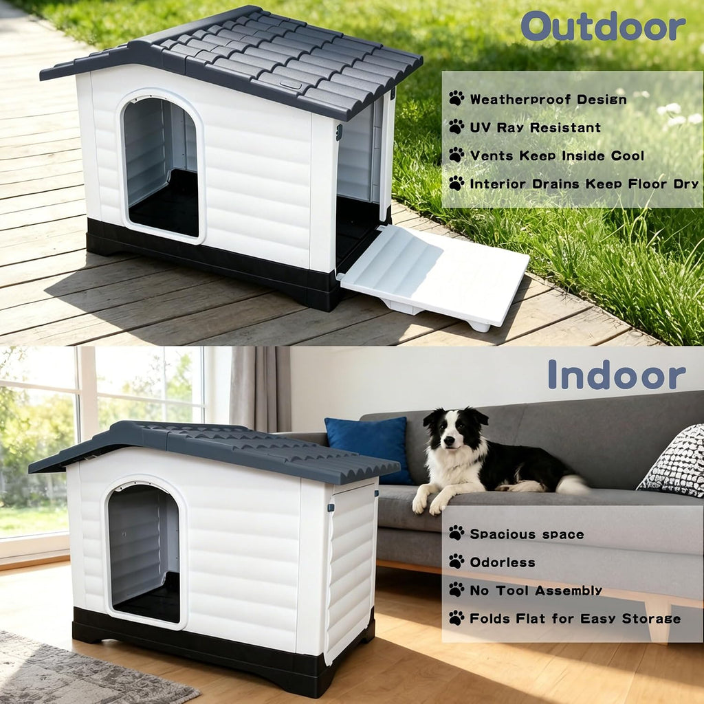 2-Door Small Dog House for Indoor and Outdoor Dog House with Fold-Out Porch Elevated Base, Waterproof Pet House