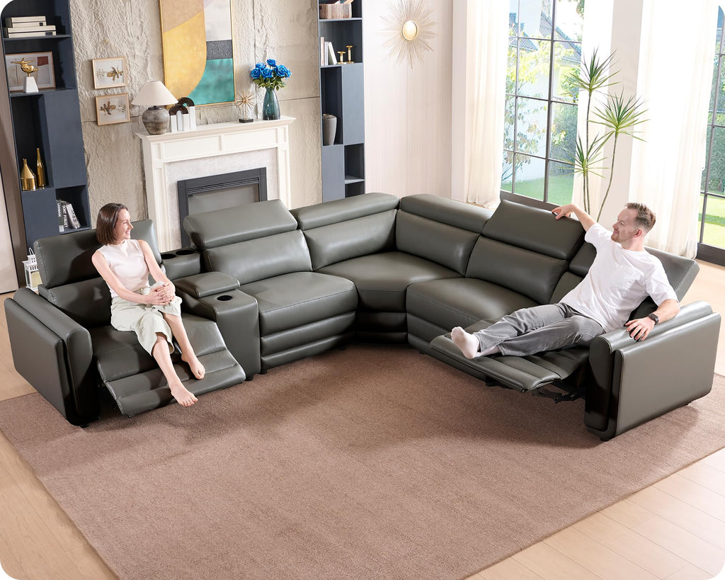 Oversized Power Recliner Sectional Sofa, Leather Recliner Sofa, Dark Grey
