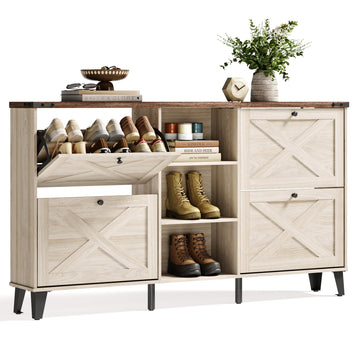 63" Farmhouse Shoe Storage Cabinet Washed White
