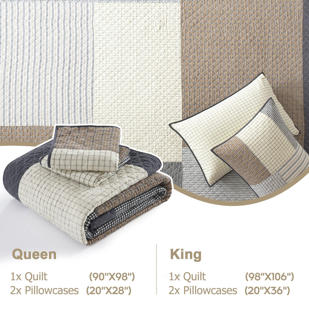 Quilt 100% Cotton Lightweight Soft Quilt Real Patchwork Plaid Quilted Bedspread Brown Beige Gray