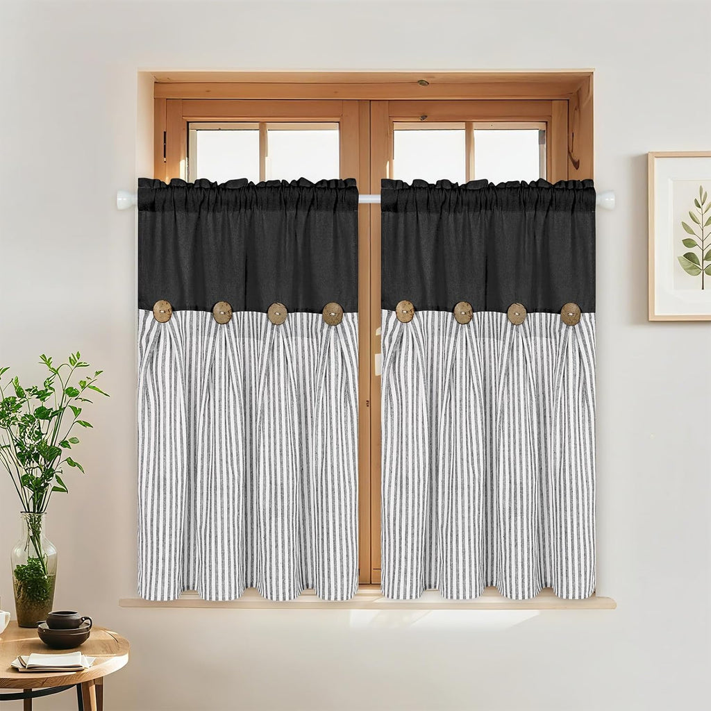 Cotton Linen Kitchen Valance Curtains, Boho Rustic Button Linen Valances for Windows Farmhouse, Black with Grey