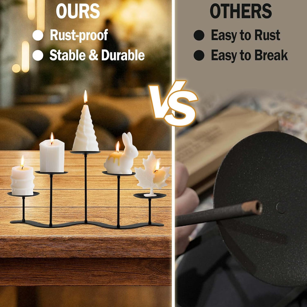 Black Iron Candelabra Candle Holder: Metal Centerpiece Decor - 5 Arm Candle Holder Stand for Pillar Candles