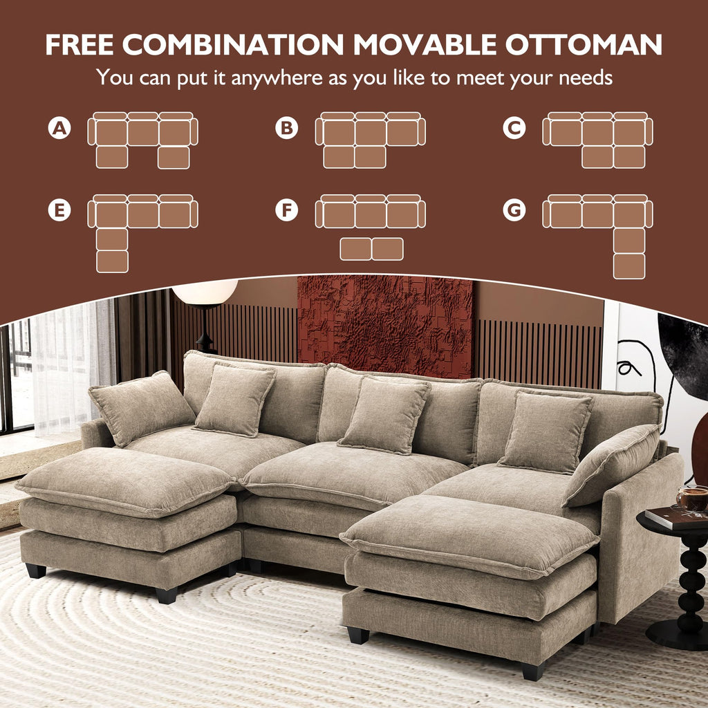 111.4" U Shaped Modern Sofa Modular Sectional Luxurious and Comfortable with 2 Ottoman, 5-Seat Chenille Deep Seat
