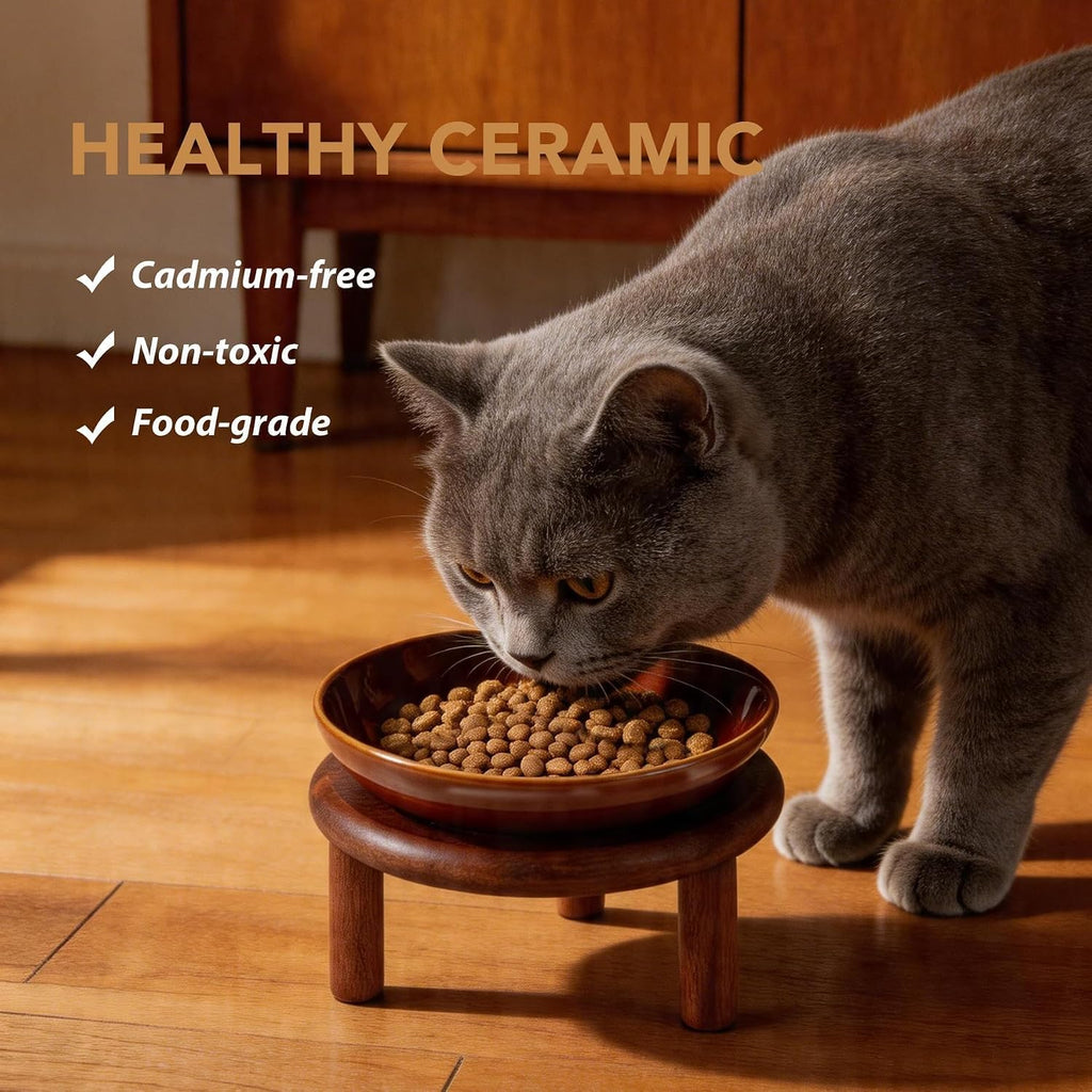 Elevated Cat Bowls, Ceramic Cat Bowl with Wood Stand, Wide Opening
