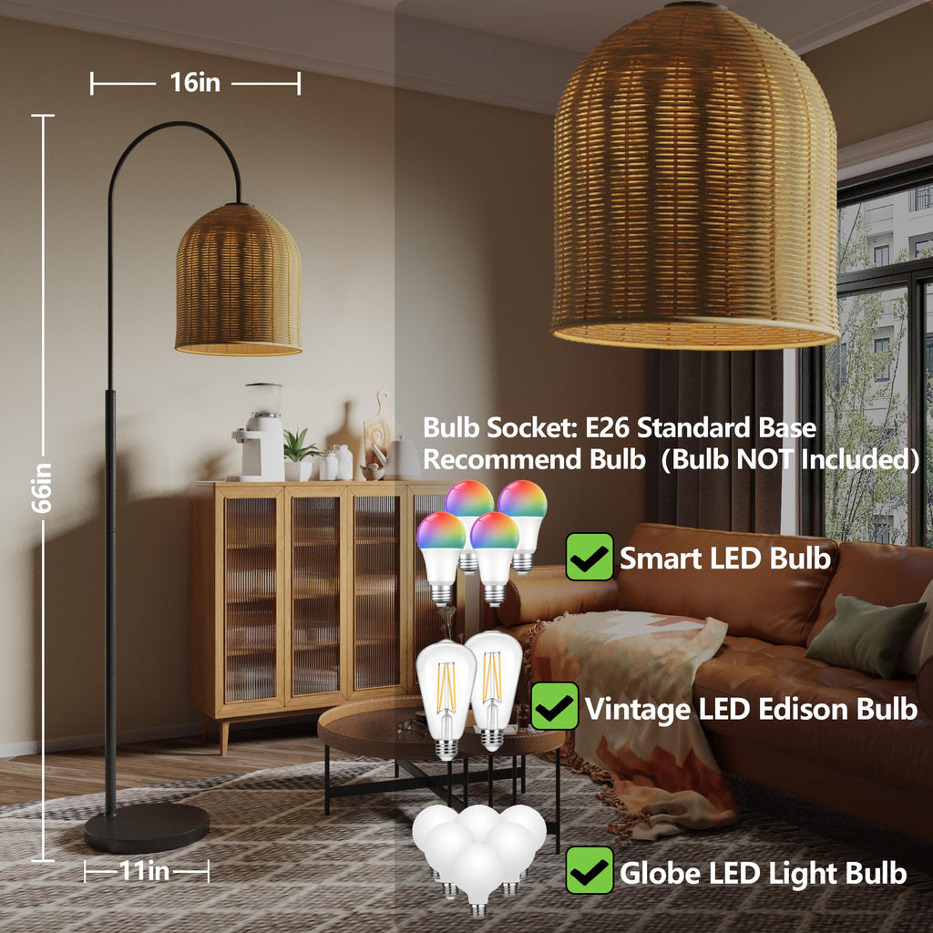 Rattan Floor Lamp, 66in. Boho Floor Lamp with Natural Brown Rattan Shade, Rustic Arc Standing Lamp for Coastal, Beach