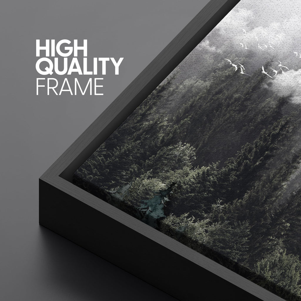 Extra Large Framed Canvas Foggy Pine Forest with Flying Birds Monochrome Illustrations Modern Art Calm Warm - 60"" x30