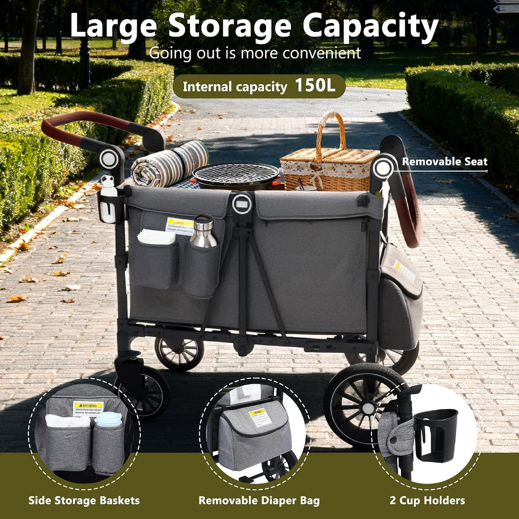 Wagon Stroller for 2 Kids, Shock-Absorbing Wheels, Grey