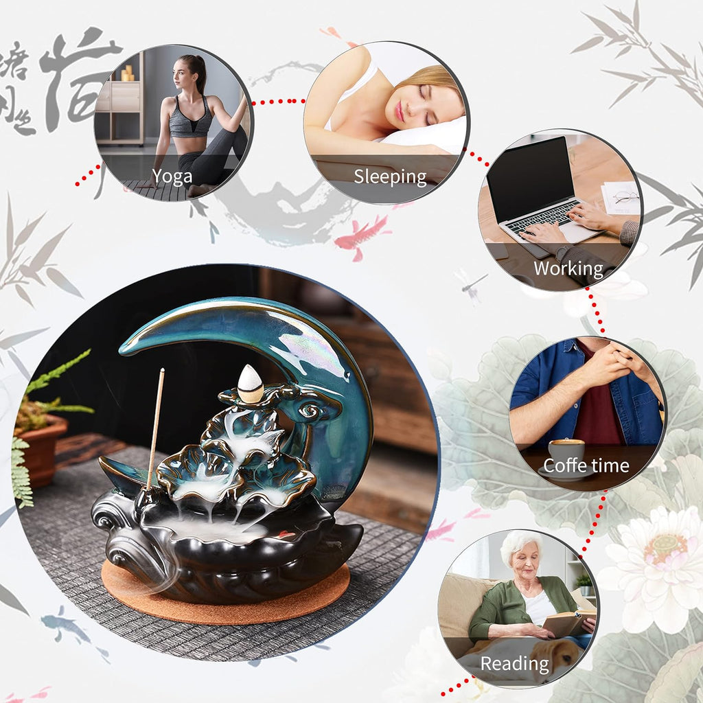 New Moon Backflow Incense Holder, Ceramic Hand-Made Incense Fountain Burner with 100 Backflow Incense Cones,Fragrance - Set of 140