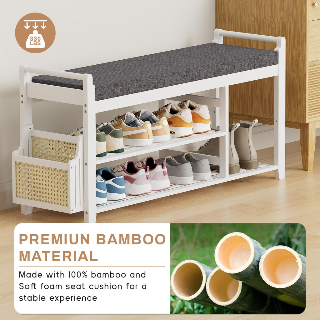2-Tier Shoe Rack Bench, 39.4 in, White and Dark Grey