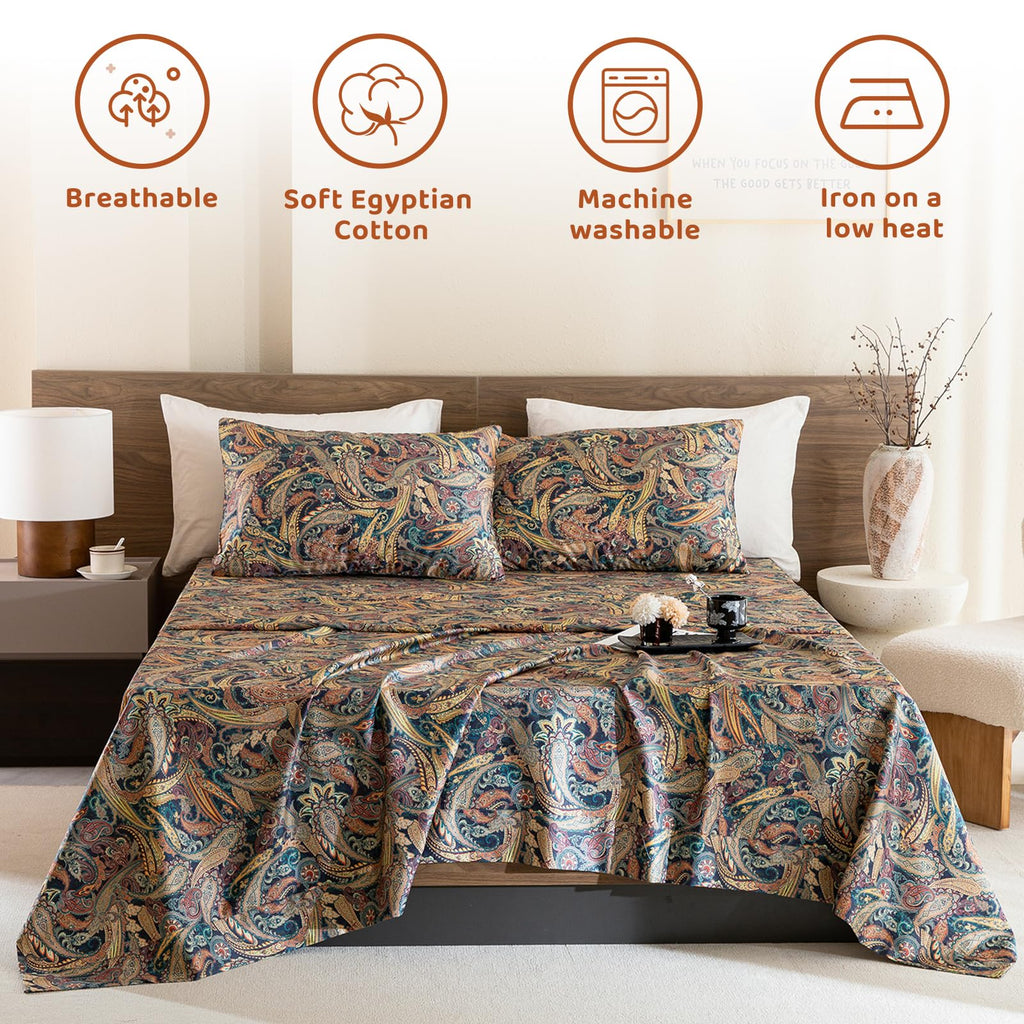 Boho Bed Sheets Queen Size - 100% Egyptian Cotton Sheets Elegant Paisley Flower Pattern Printed Bedding Sheets Queen