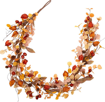 5 Feet Fall Garland Artificial Harvest Garland with Fall Leaves and Cape Gooseberries for Decorations