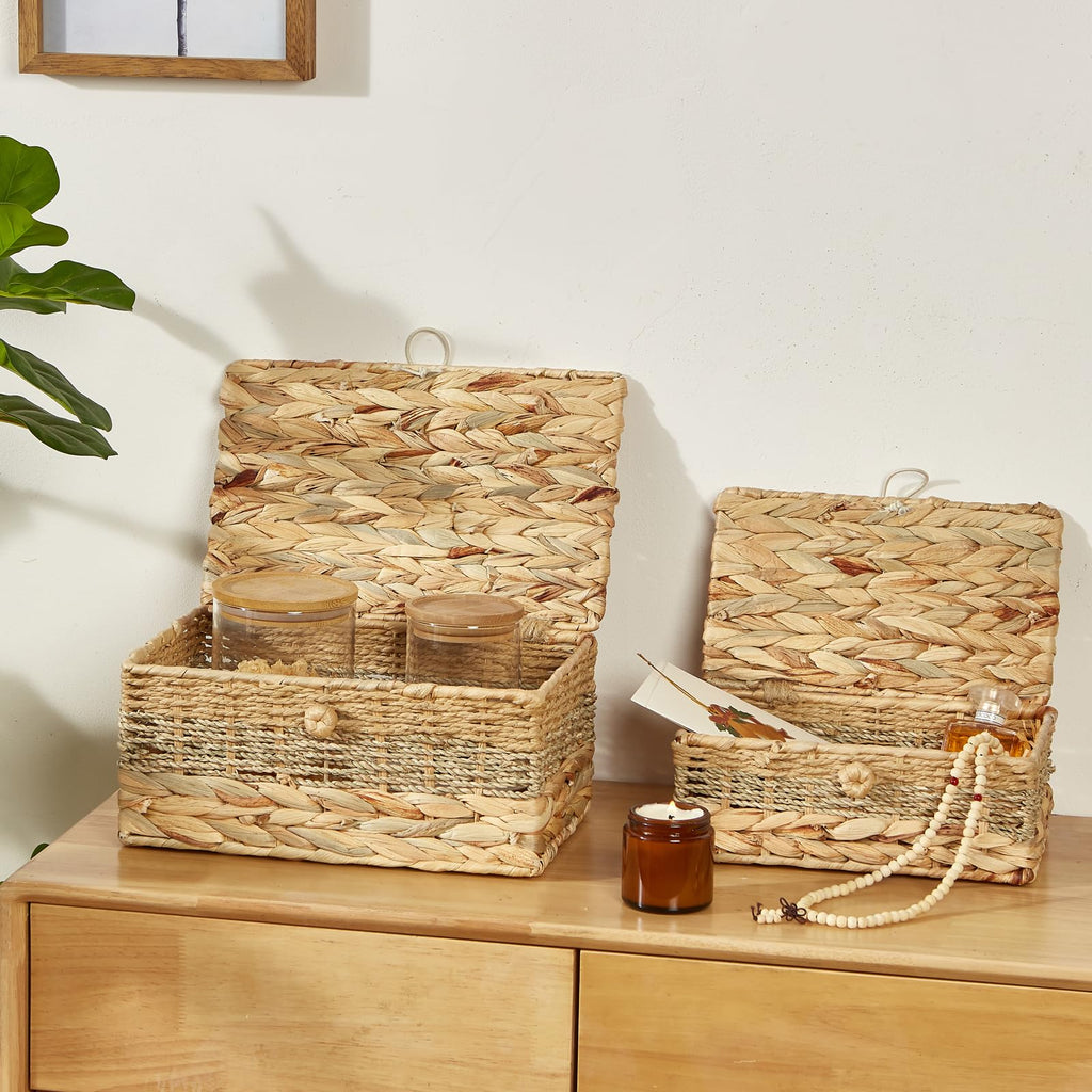 2PCS Wicker Storage Baskets with Lids Decorative Rattan Boxes