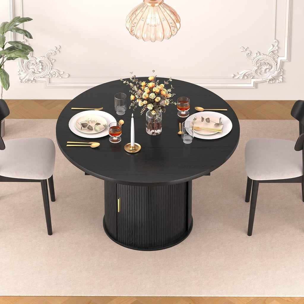 Round Dining Table: 47′′-63′′ Kitchen Table for 4 6 8 with Dust-Proof 2-Tier Storage Shelf Space Saving, Modern