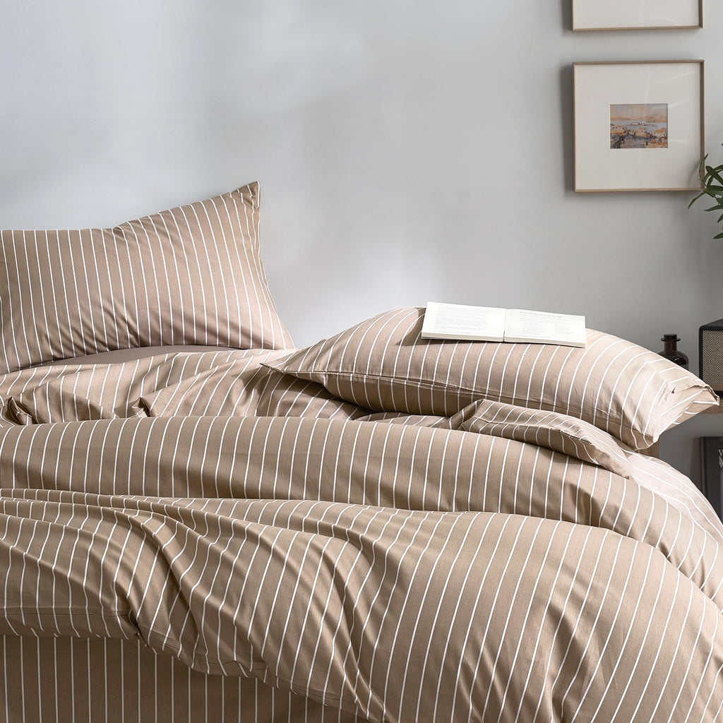 100% Cotton Brown Vertical Stripe Duvet Cover Set