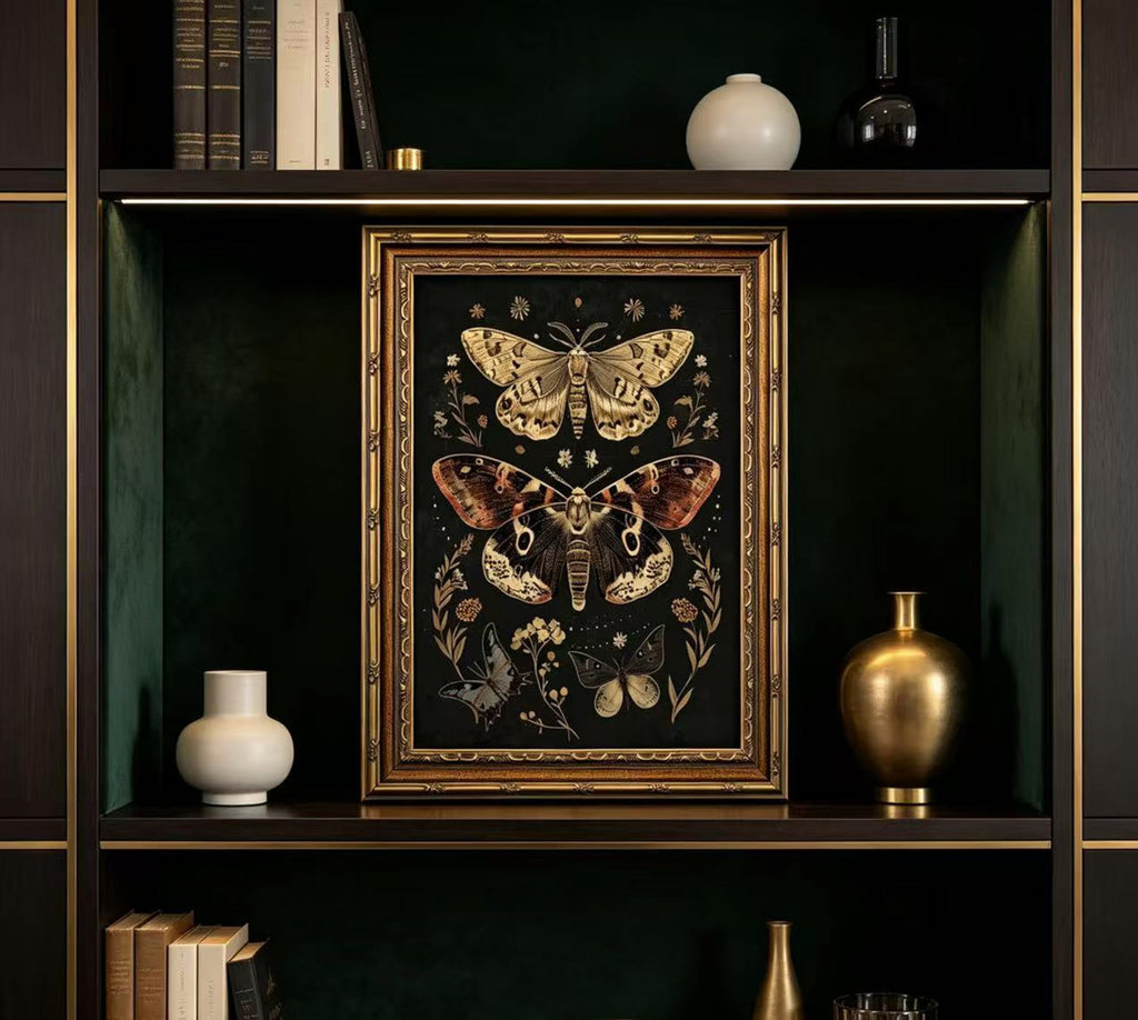 Vintage Gold Framed Wall Art, Retro Moth Framed Wall Art, Dark Botanical Butterfly Canvas Print, Gothic Floral Wall
