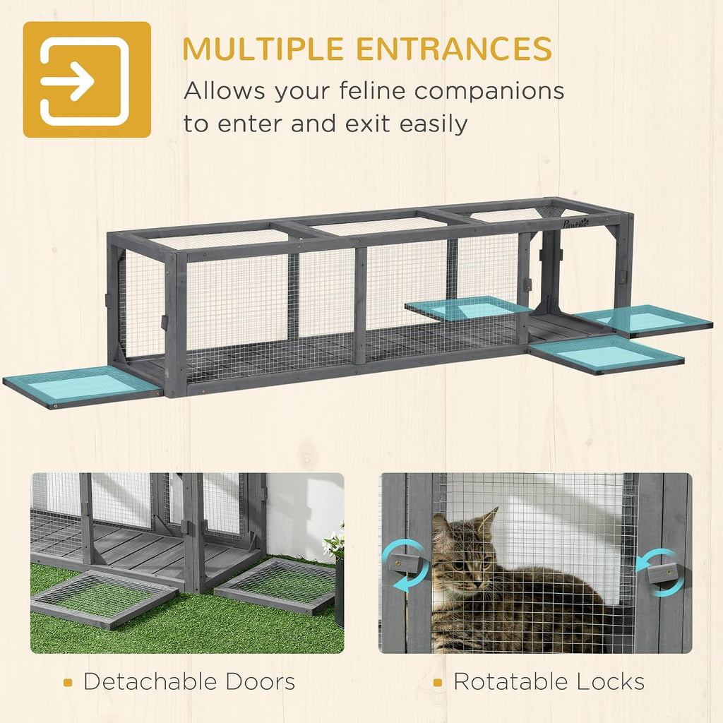Outdoor Cat Tunnel with Extendable Design, 59" L Wooden Cat Run with Weather Protection, Connecting Inside