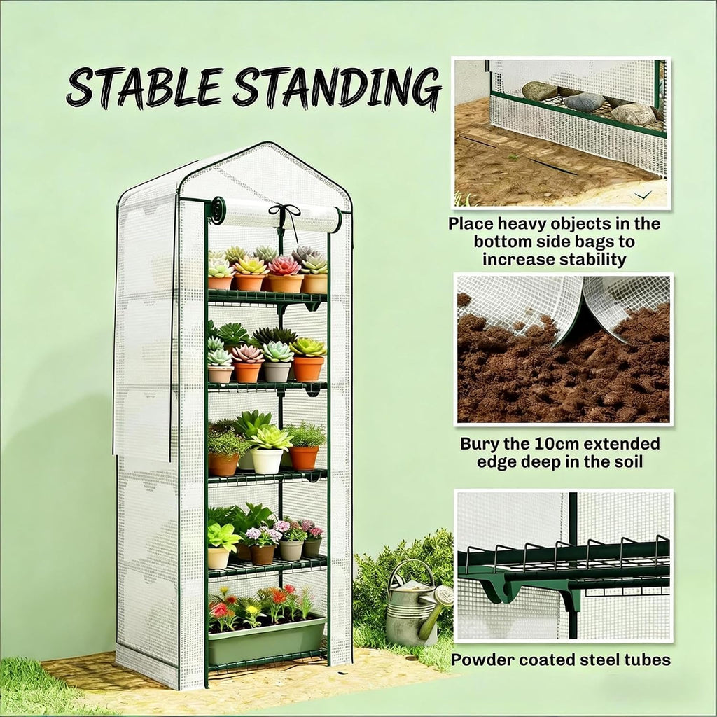 Portable Five-Tier Mini Greenhouse with Steel Frame | Five-tier plant shelf with 22 lb weight capacity per shelf