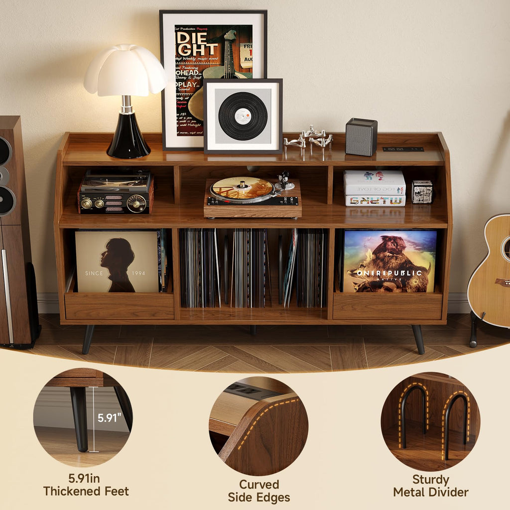 55 Inch Record Player Stand with LED Light, Walnut
