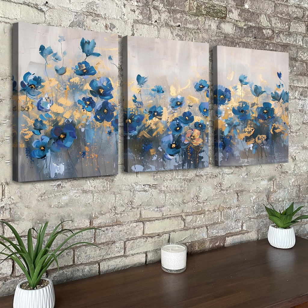 Abstract Blue Flower Wall Art Navy Blue and Gold Floral Wall Decor Modern Gold Blue Wildflower Canvas Prints Decor