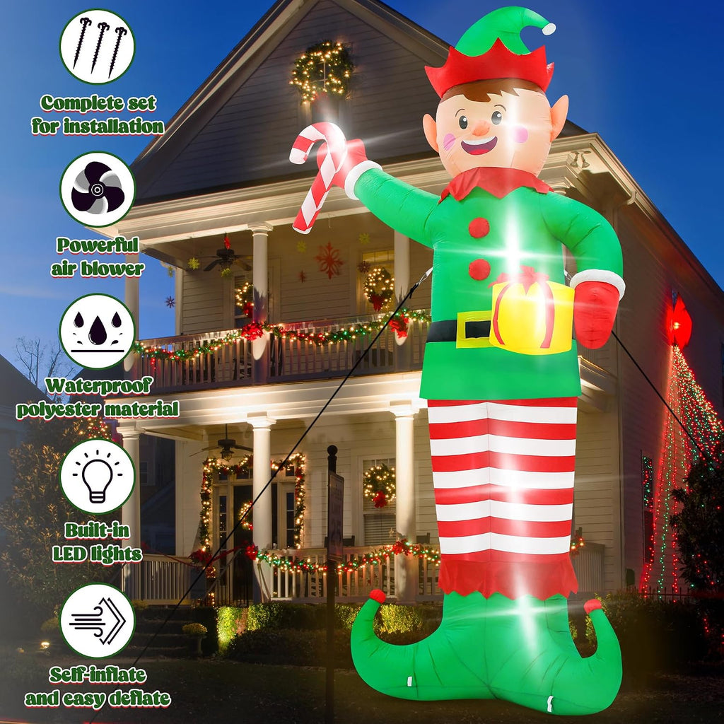 Christmas Inflatables, Giant 15 FT Christmas Elf Inflatable Outdoor Decoration, Blow Up Xmas Elf Holding Box, LED