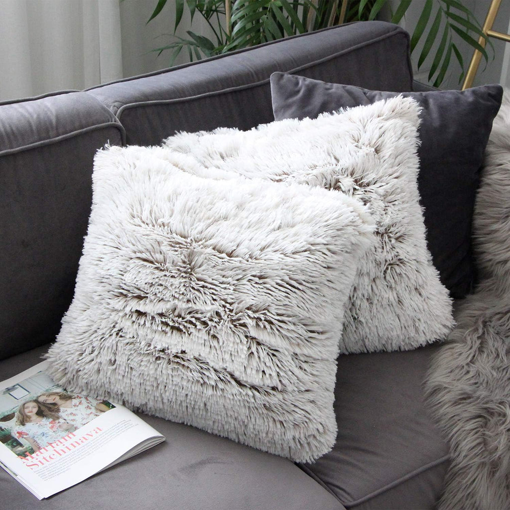 2 Packs Fluffy Accent Pillows Cover 22"x22", Soft Brown Ombre Artificial Fur Throw Pillow Case, Modern Luxury