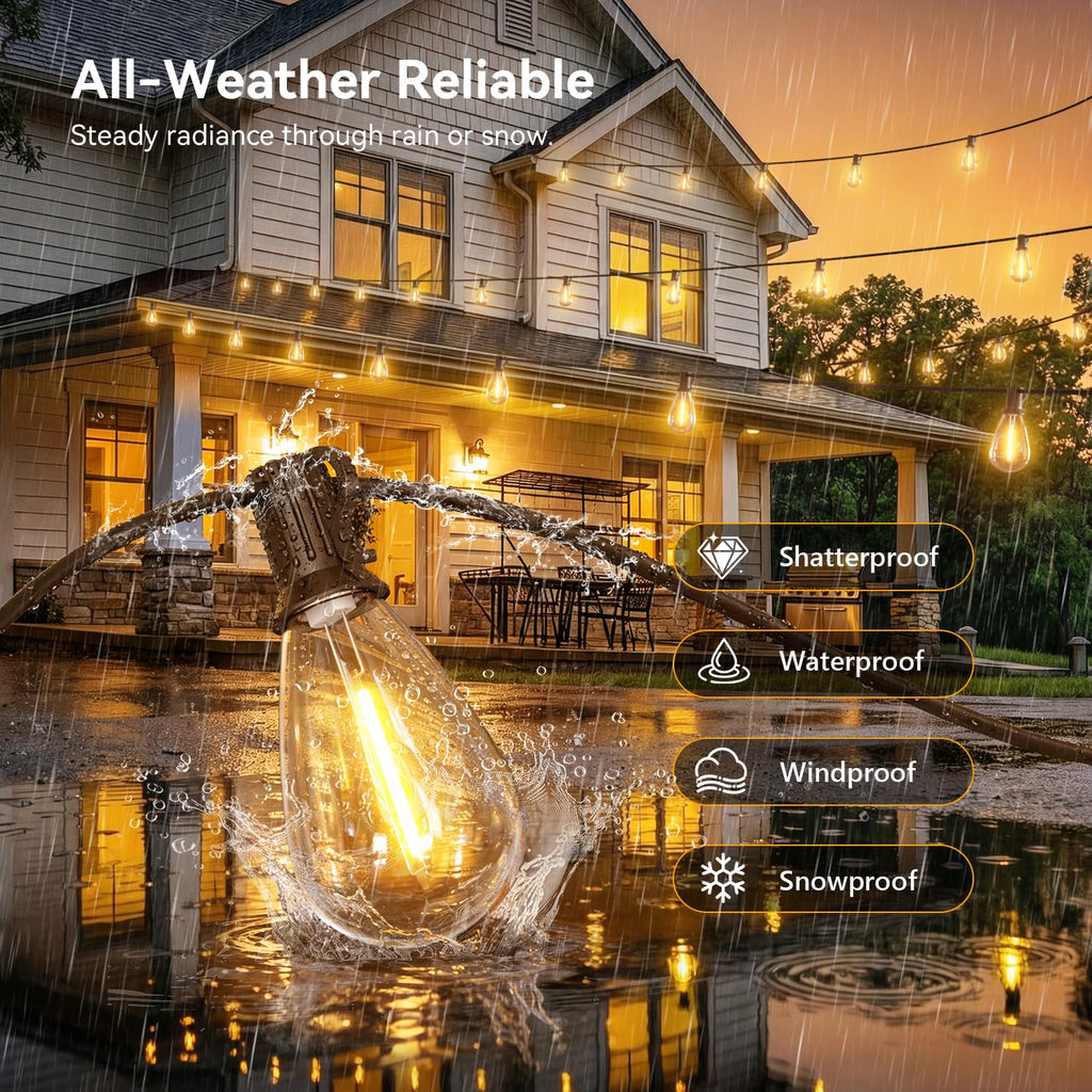 Outdoor String Lights with Remote, Waterproof Patio Lights with 72+2 Shatterproof LED Bulbs, Dimmable Hanging