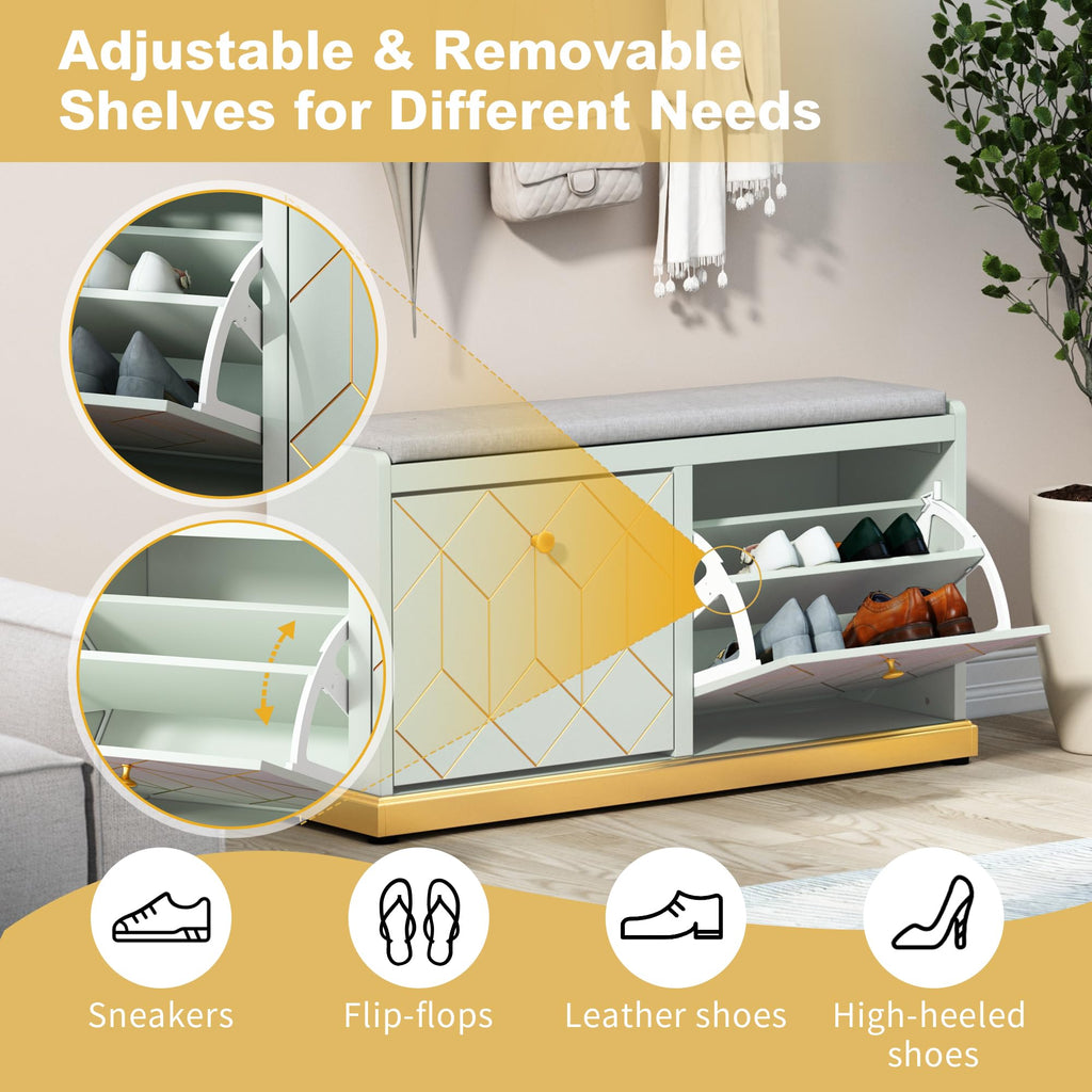 Shoe Storage Bench with 2 Flip Drawer & Padded Cushion Seat