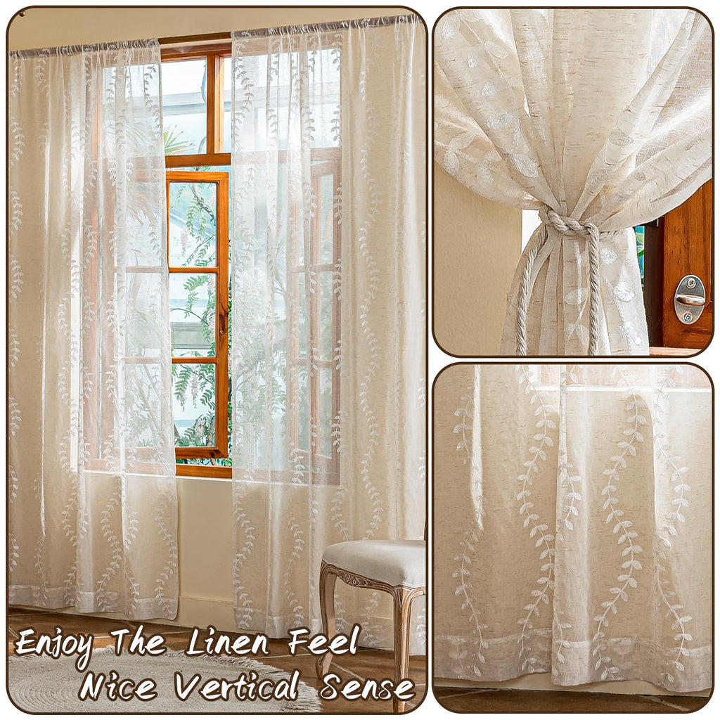 2 Panels Linen Leaf String Floral Embroidered Semi Sheer Curtain Farmhouse Voile Curtains Bedroom Window Treatment