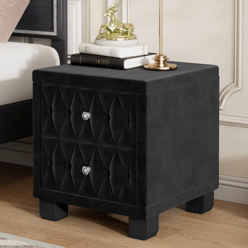 Elegant Velvet Nightstand with 2 Storage Drawers, Wooden Frame Bedside Table with Crystal Handle and Button-Tufted
