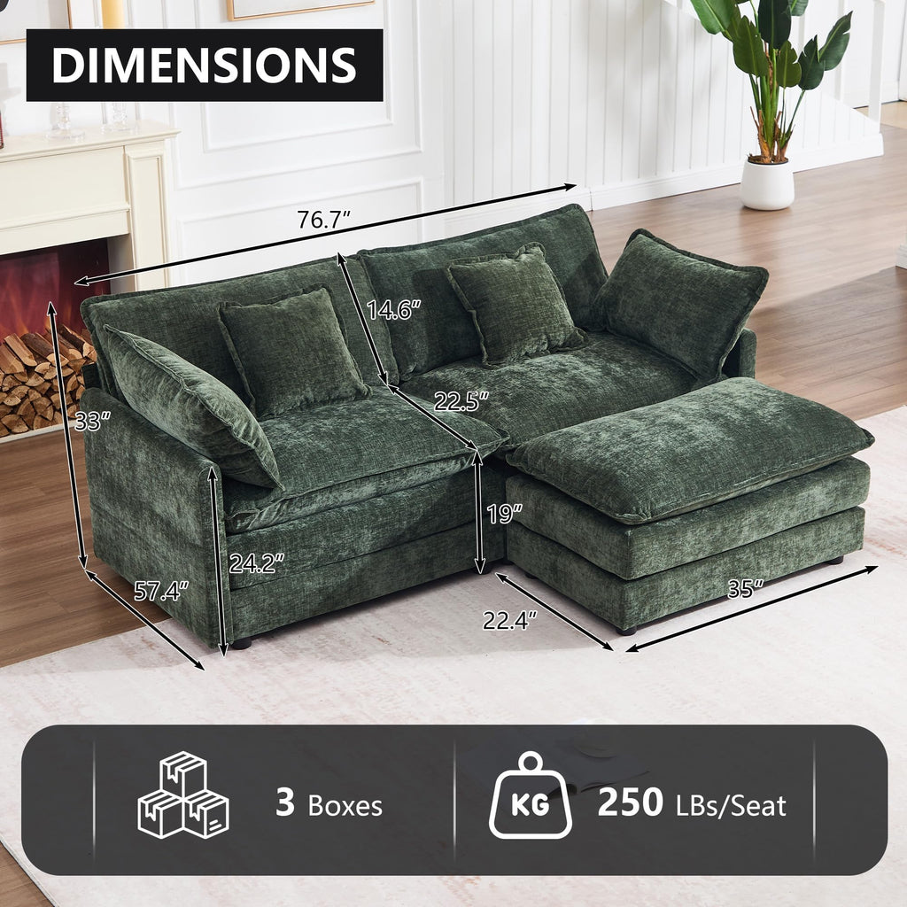 76.7" W Green Deep Seat Cloud Loveseat Sofa Sectional Couch, Chenille 2 Seat L Shaped Modular with Ottoman Chaise Set