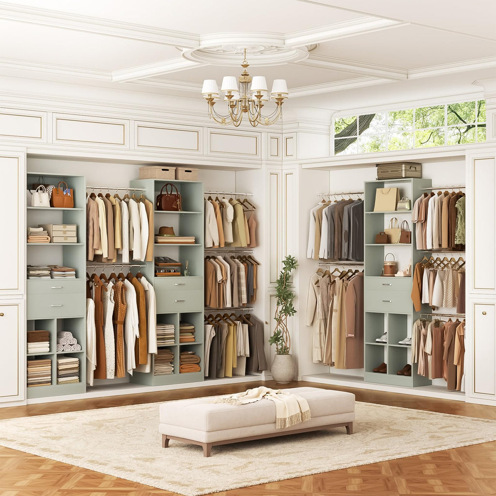 Closet System, 4-8 FT Closet Organizer Tower with 2 Wooden Drawers and Shelves, Can Fit 60 to 96 inch Walk-in Closet