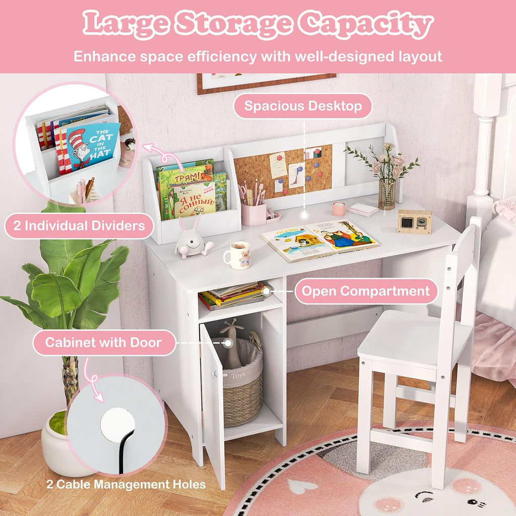 Kids Desk and Chair Set, Wooden Children School Study Table and Chair w/Whiteboard, Hutch, Storage Shelves, Student