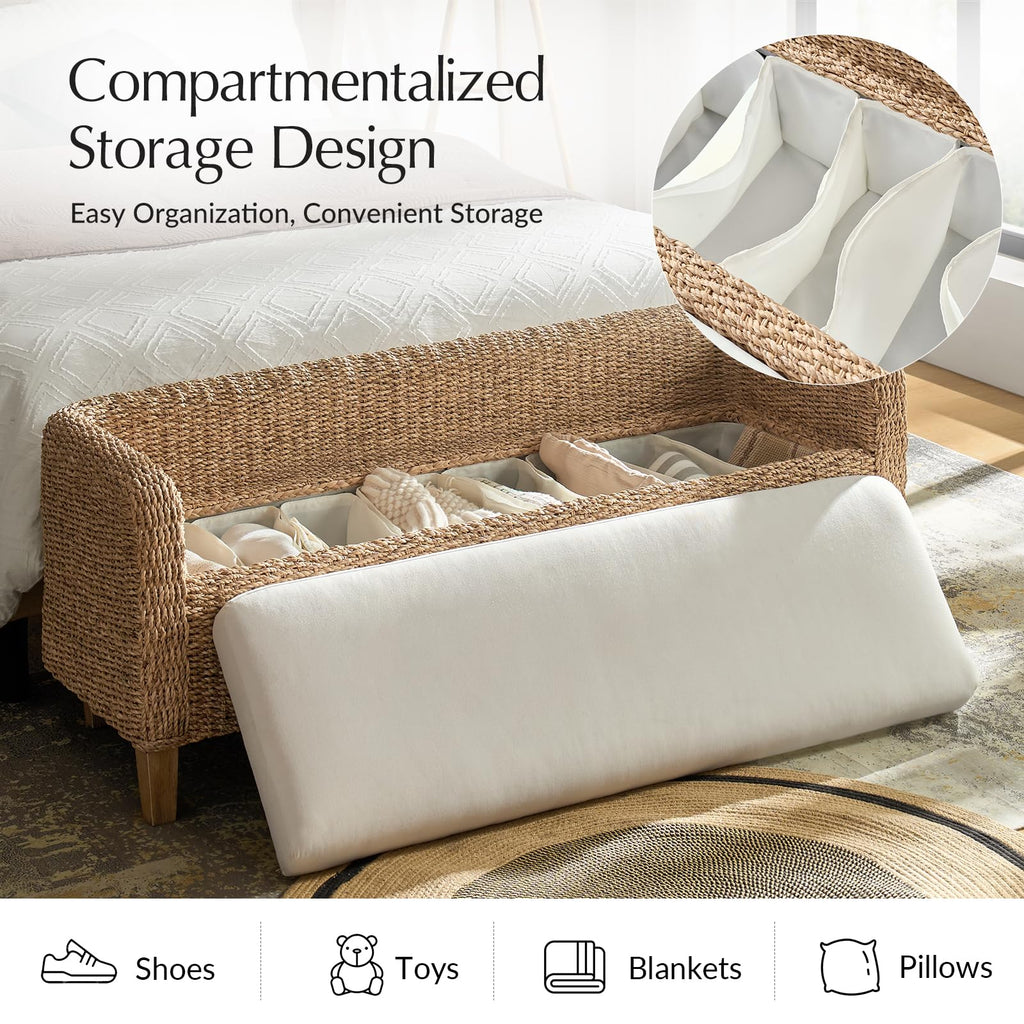 57" Rattan Storage Bench, Boho Wicker Bedroom Bench, Natural