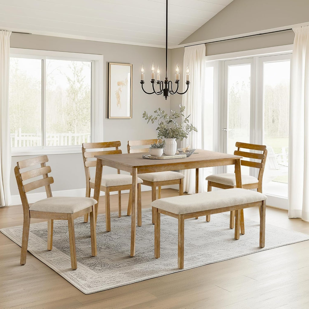 Farmhouse Dining Room Table Set for 6 with Upholstered Bench and Chairs