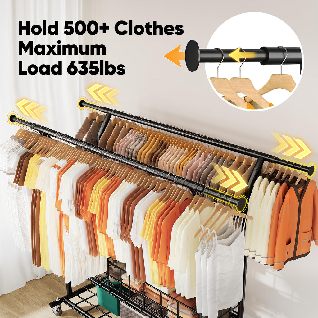 Heavy Duty Clothes Rack Load 635 LBS Adjustable Double Rod Black