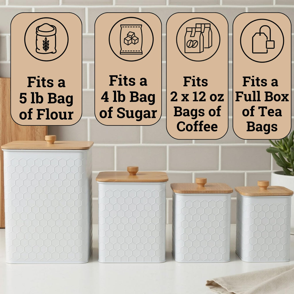 Kitchen Canisters for Countertop Set of 4 w/Airtight Easy Open Bamboo Lids
