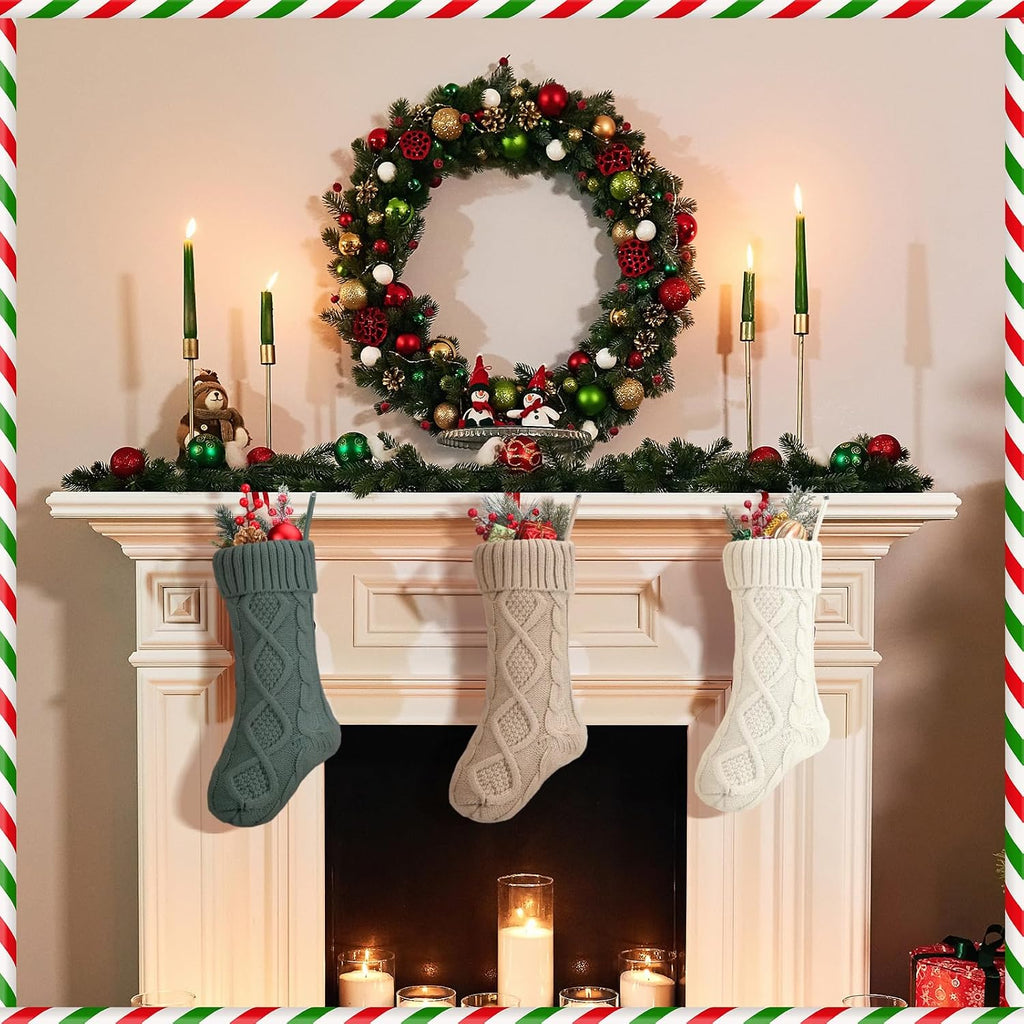 Sage Green Christmas Stockings, 18" Large Knitted Stockings - Set of 4